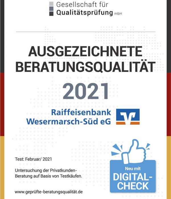 BBVO-Siegel für ausgezeichnete Beratungsqualität der Raiffeisenbank Wesermarsch-Süd